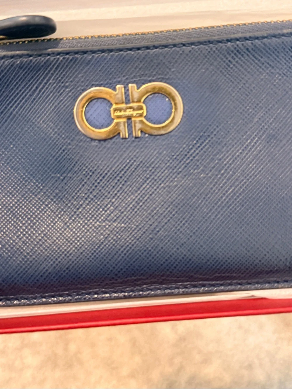 Salvatore Ferragamo Navy‎ Leather Zip Wallet with Gold Gancini Accent